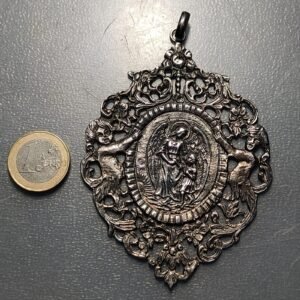 MEDALLA RELIGIOSA 1920 MUY GRANDE ANGEL DE LA GUARDA CON NIÑO PLATA 103x71mm 38g
