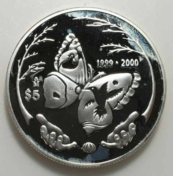 MEXICO 5 PESOS 1999 2000 BUTTEFLY 1 OZ SILVER