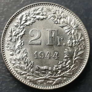 SUIZA SWITZERLAND 2 FRANCOS 2 FRANCS 1944 B SC UNC