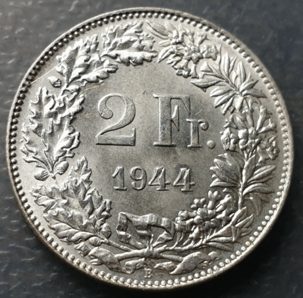 SUIZA SWITZERLAND 2 FRANCOS 2 FRANCS 1944 B SC UNC