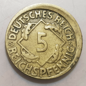 ALEMANIA GERMANY WEIMAR 5 PFENNIG 1925 F DESCENTRADA ERROR ACUÑACION MISSTRIKE