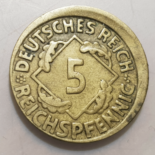 ALEMANIA GERMANY WEIMAR 5 PFENNIG 1925 F DESCENTRADA ERROR ACUÑACION MISSTRIKE