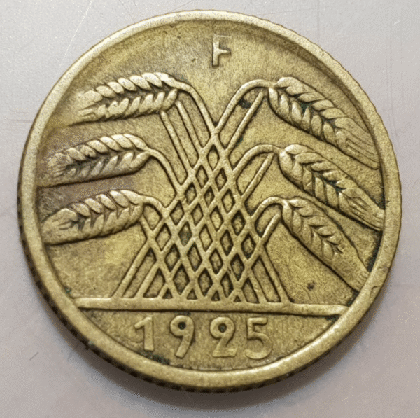 ALEMANIA GERMANY WEIMAR 5 PFENNIG 1925 F DESCENTRADA ERROR ACUÑACION MISSTRIKE - Imagen 2