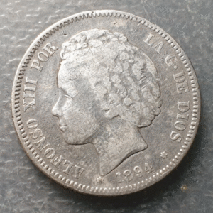 ESPAÑA ALFONSO XIII 2 PESETAS 1894 ESTRELLAS NO VISIBLES BC+/MBC- ESCASA