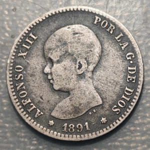 ESPAÑA ALFONSO XIII 1 PESETA 1891 ESTRELLAS NO COMPLETAMENTE VISIBLES MBC-