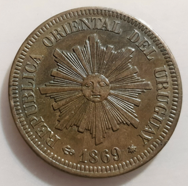 URUGUAY 2 CENTESIMOS 1869 A MBC+