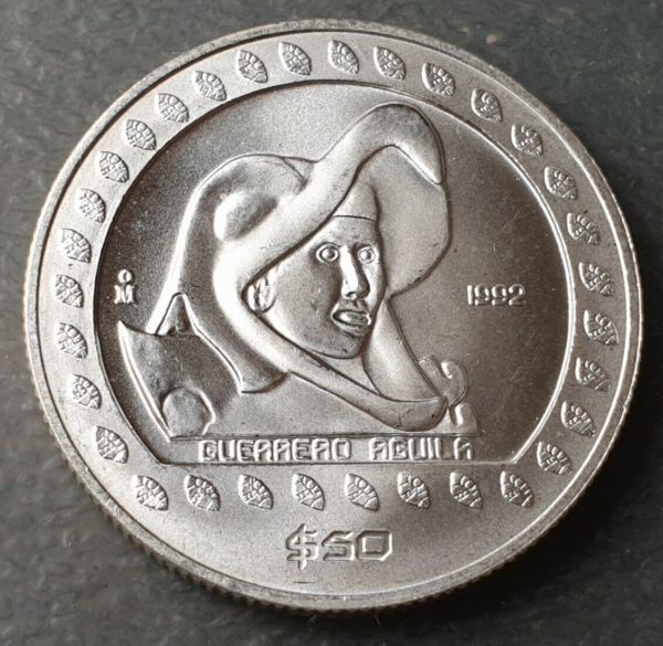 MEXICO 50 PESOS 1992 1/2 ONZA TROY 1/2 TROY OZ GUERRERO AGUILA PLATA SC UNC
