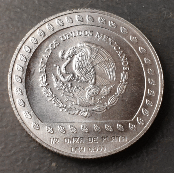 MEXICO 50 PESOS 1992 1/2 ONZA TROY 1/2 TROY OZ GUERRERO AGUILA PLATA SC UNC - Imagen 2