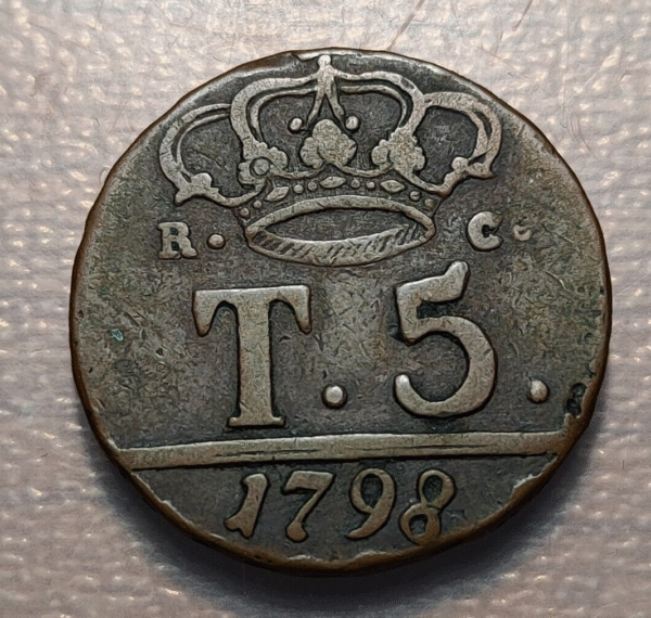 ITALIA NAPOLES NAPOLI FERDINANDO IV INFANTE ESPAÑA 5 TORNESI 1798 P - Imagen 2