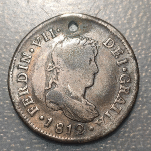 CHILE SANTIAGO FERDINAND VII SPANISH COLONIAL 2 REALES 1812 FJ HOLED 6.13g
