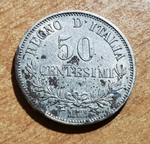 ITALIA REINO VITTORIO EMANUELE II 50 CENTESIMI 1863 M MBC/MBC+ MANCHA CORROSION - Imagen 2
