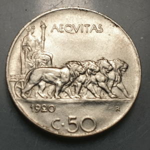 ITALIA REINO VITTORIO EMANUELE III 50 CENTESIMI 1920 LEONES CANTO LISO EBC+/SC-