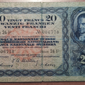SUIZA SWITZERLAND 20 FRANCOS 20 FRANCS 20/01/1949 P 39b MBC-