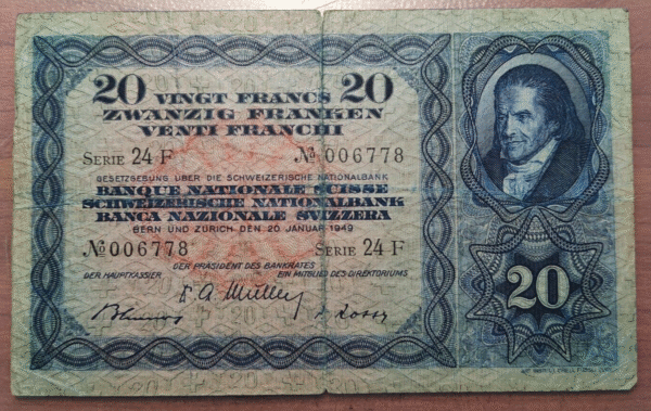 SUIZA SWITZERLAND 20 FRANCOS 20 FRANCS 20/01/1949 P 39b MBC-