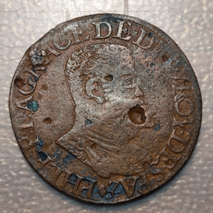 IMPERIO ESPAÑOL PAISES BAJOS AMBERES FELIPE II JETON 1592 AGUJERO TAPADO