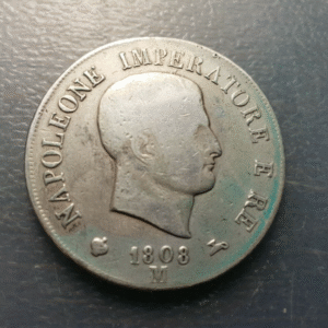 ITALIA REINO NAPOLEON 5 LIRE 1808 M V AL REVES NΛPOLEONE IMPERΛTORE RARA MBC--