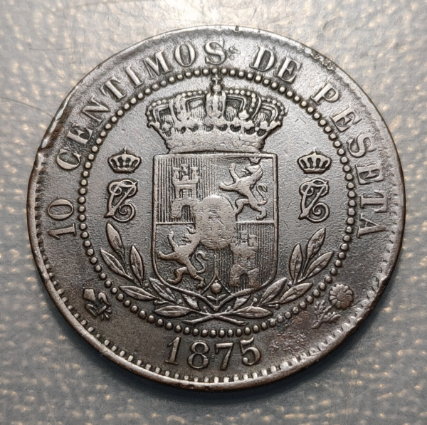 ESPAÑA GUERRAS CARLISTAS CARLOS VII PRETENDIENTE 10 CENTIMOS 1875 MBC- - Imagen 2