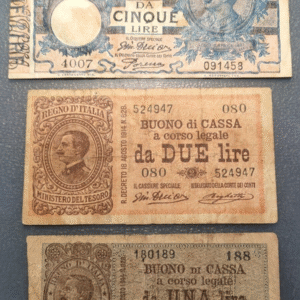 ITALIA REINO VITTORIO EMANUELE III LOTE 3 BILLETES 1 LIRA - 2 LIRE - 5 LIRE