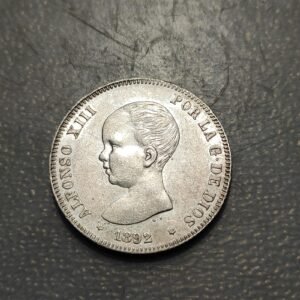 ESPAÑA ALFONSO XIII 2 PESETAS 1892 (18-92) EBC-/EBC ESCASA