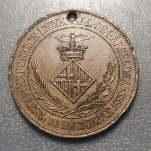 ESPAÑA ALFONSO XIII MEDALLA EXPOSICION UNIVERSAL BARCELONA 1888 AGUJERO HOLED