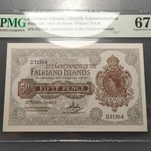 FALKLAND ISLANDS ISLAS MALVINAS BRITISH ADMIN 50 PENCE 1974 P-10b SC UNC 67 EPQ