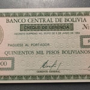 BOLIVIA 500.000 PESOS BOLIVIANOS 05/06/1984 P-189 SC UNC