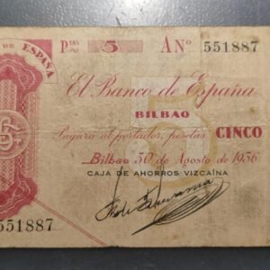ESPAÑA BILBAO CAJA DE AHORROS VIZCAINA 5 PESETAS 30/08/1936 Ps551b-h